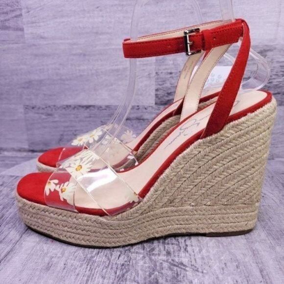 Jessica Simpson Semie Floral Jelly Strap Espadrille Wedge Sandal Red Women 9 NEW - Picture 3 of 8